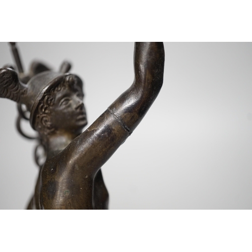 1250 - A bronze figure of Mercury on a graduated marble plinth. 33cm tall