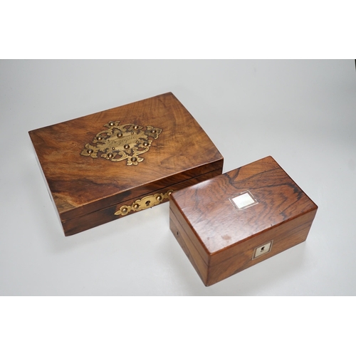 1251 - A Victorian walnut and brass 'Bezique' games box and a rosewood box. Largest 23cm wide