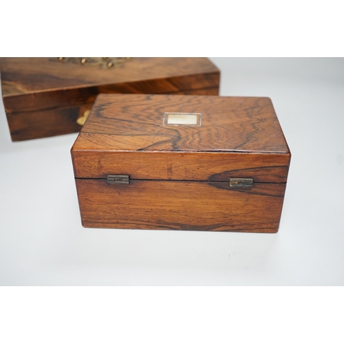 1251 - A Victorian walnut and brass 'Bezique' games box and a rosewood box. Largest 23cm wide