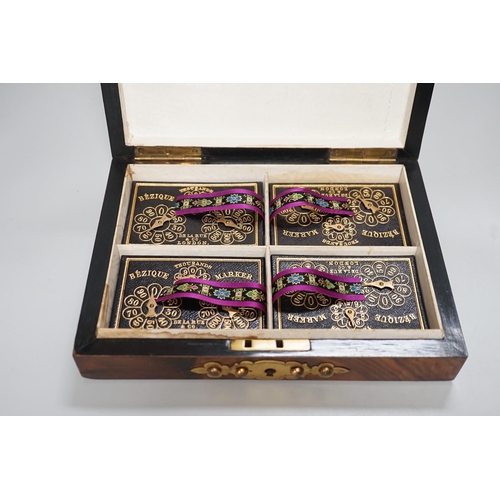 1251 - A Victorian walnut and brass 'Bezique' games box and a rosewood box. Largest 23cm wide