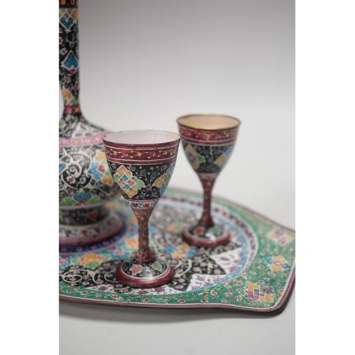 1257 - A decorative Persian enamel on copper set on stand. Tallest piece 20cm