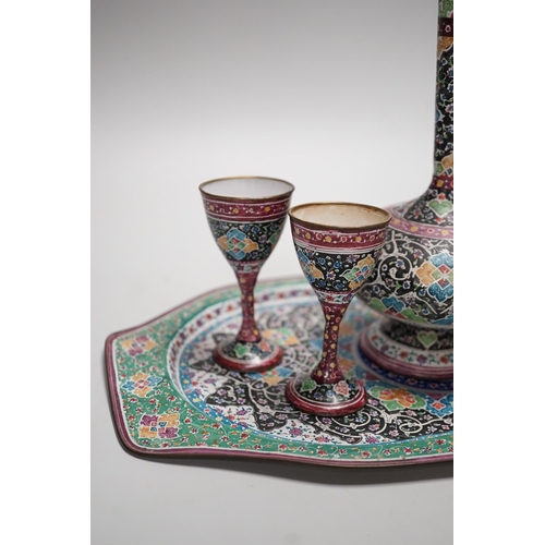 1257 - A decorative Persian enamel on copper set on stand. Tallest piece 20cm