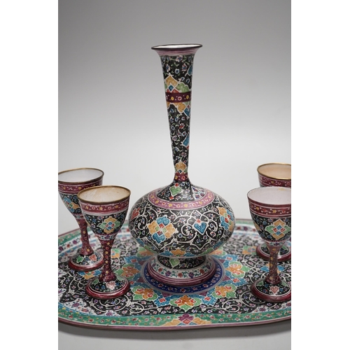 1257 - A decorative Persian enamel on copper set on stand. Tallest piece 20cm