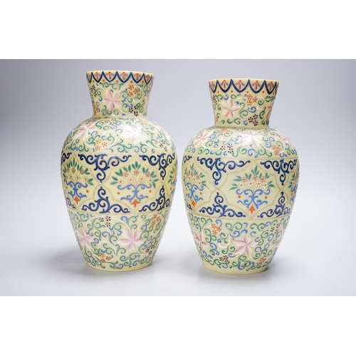 1260 - A pair of French enamelled glass vases, Persian inspired, 25.5cm