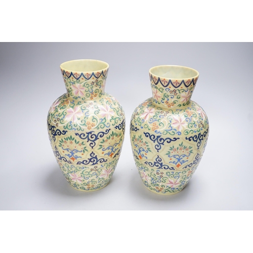 1260 - A pair of French enamelled glass vases, Persian inspired, 25.5cm