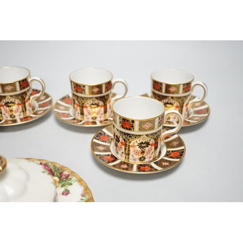 1273 - Six Royal Crown Derby coffee cans and saucers and a Royal Albert Country Roses dish and cover