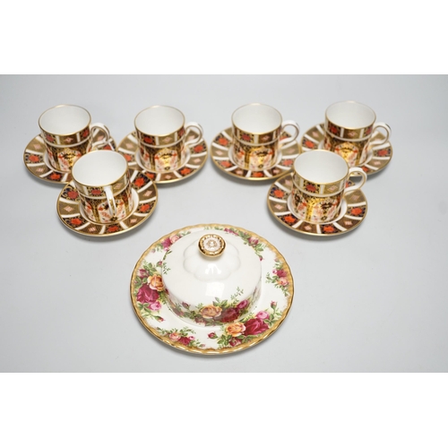 1273 - Six Royal Crown Derby coffee cans and saucers and a Royal Albert Country Roses dish and cover