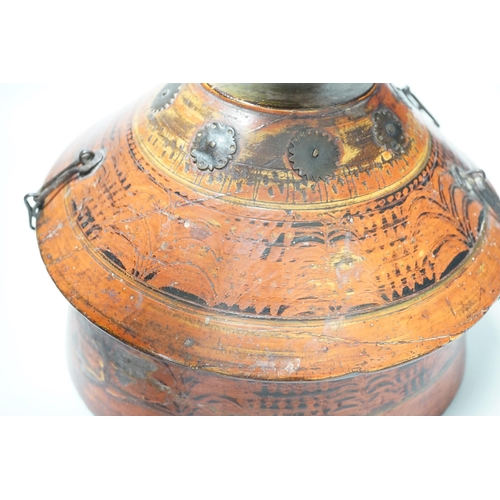 1282 - A Chinese wooden painted spice container and cover. 28cm tall