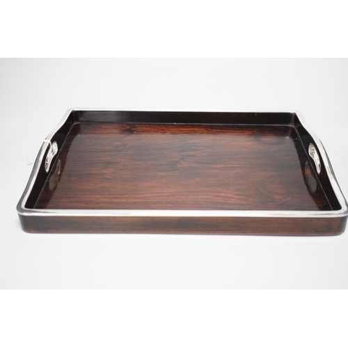 1287 - A 1920s Chinese hongmu and white metal mounted tray. 38cm wide