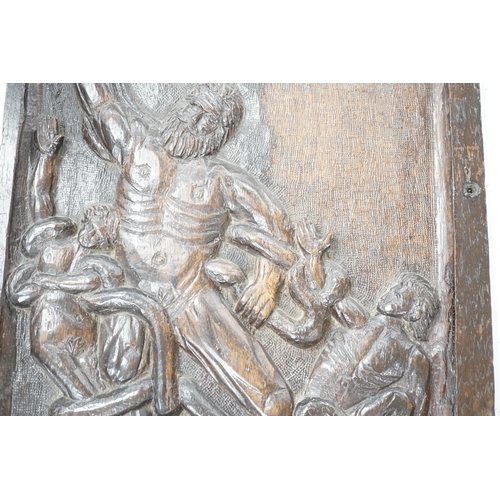 1292 - A carved oak figural panel depicting Laocoön and his son is fighting serpents, 46 x 32cm