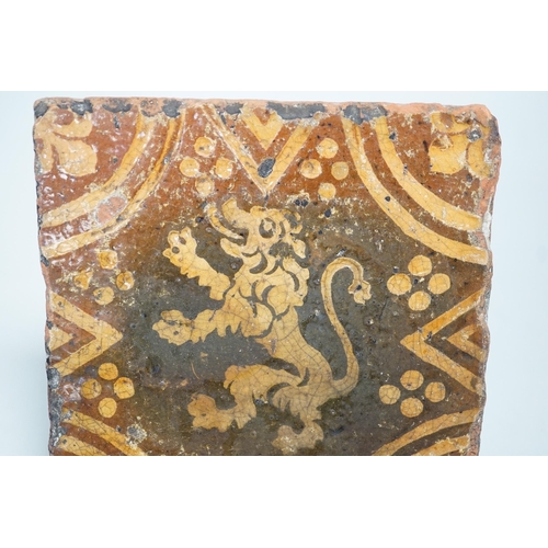 1300 - A single early ecclesiastical floor tile with rampant lion detail. 14 x 14cm