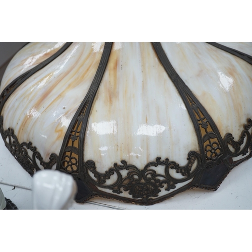 1301 - Early 20th century slag glass ceiling shade. Glass undamaged. 57cm diameter