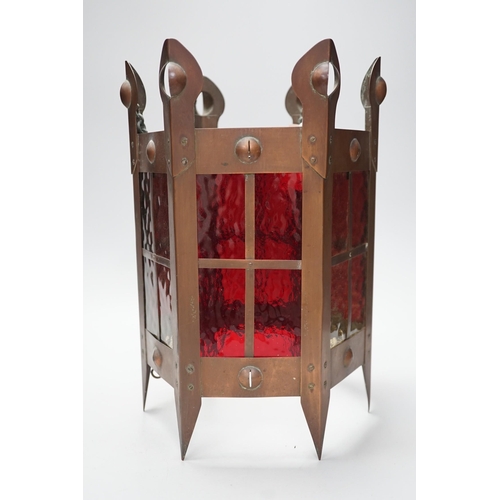 1305 - An Arts & Crafts copper and coloured glass hall lantern, 35cm