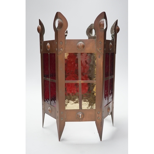 1305 - An Arts & Crafts copper and coloured glass hall lantern, 35cm