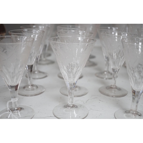 1317 - A part suite of Edwardian vineous etched glasses. Tallest 15cm