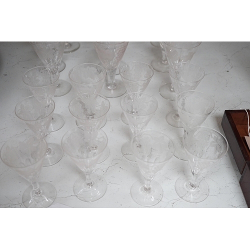 1317 - A part suite of Edwardian vineous etched glasses. Tallest 15cm