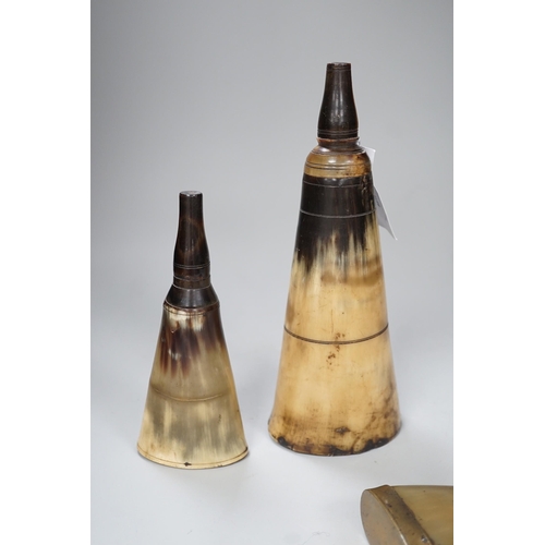 1322 - Three various 19th century horn flasks/beakers. Largest 25cm wide