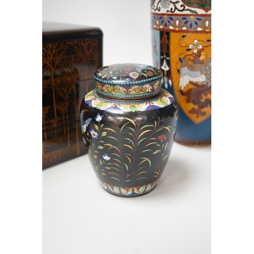 1328 - A large Japanese cloisonné enamel vase, 30.5cm high, a similar jar and cover and a Japanese lacquere... 