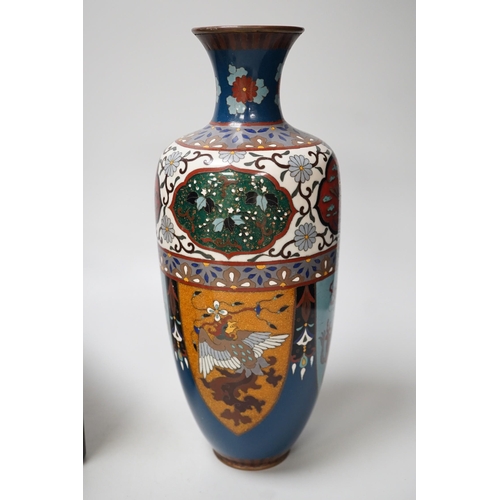 1328 - A large Japanese cloisonné enamel vase, 30.5cm high, a similar jar and cover and a Japanese lacquere... 