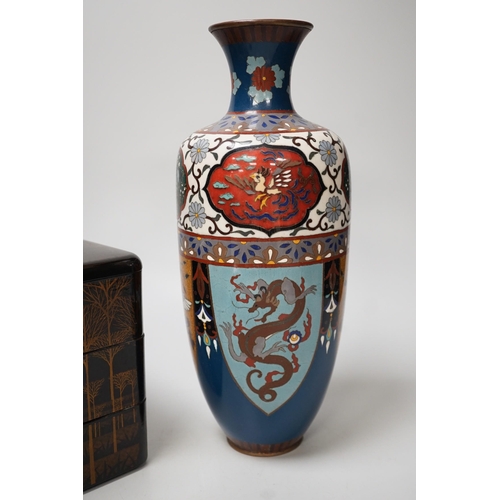 1328 - A large Japanese cloisonné enamel vase, 30.5cm high, a similar jar and cover and a Japanese lacquere... 