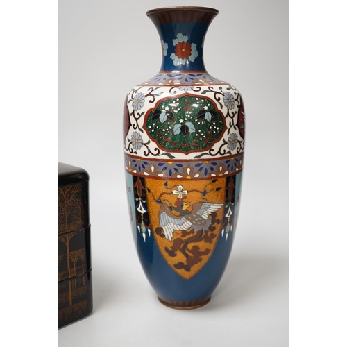 1328 - A large Japanese cloisonné enamel vase, 30.5cm high, a similar jar and cover and a Japanese lacquere... 