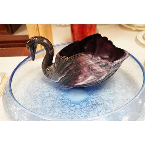 1354 - A Sowerby's type pressed glass swan and other glassware, (6) largest 32cm diameter