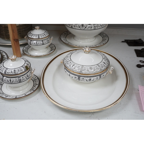 1355 - A Victorian Wedgwood part dinner service, with black printed classical borders, together with two Mi... 