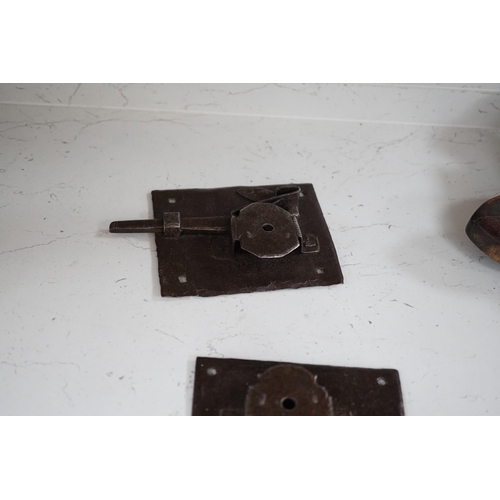 1356 - Three early ironwork lock plates with keys and a carved hardwood bolting lock