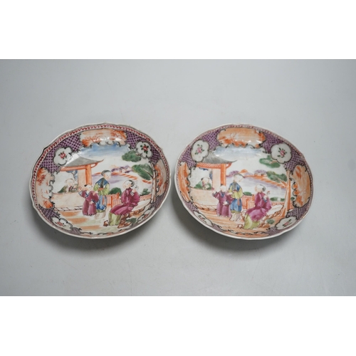 1360 - A pair of late 18th century Chinese export famille rose tea bowls and saucers. Saucers 13.5cm