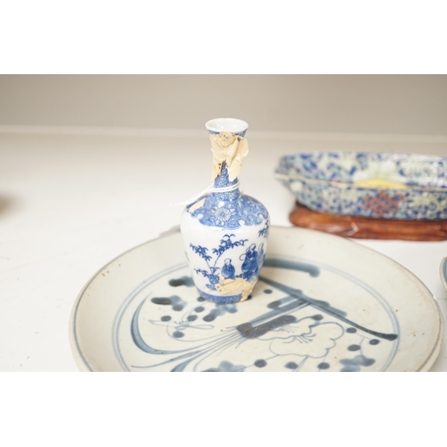 1362 - A Chinese enamelled porcelain cup stand, 15.2 cm, two Chinese blue and white plates and a small Japa... 