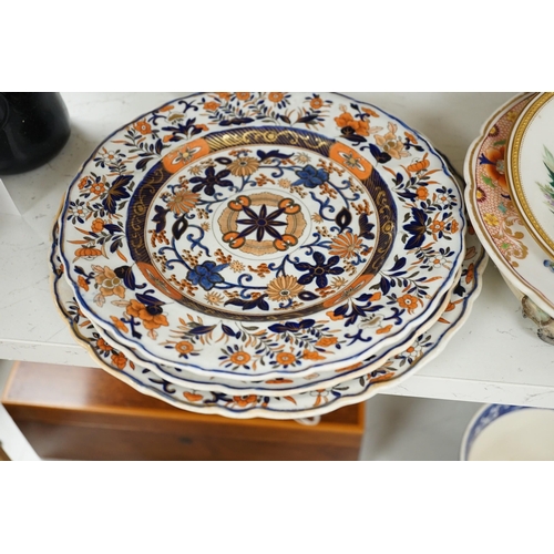 1369 - A quantity of Royal Crown Derby Imari teawares, Masons ironstone plates and further 19th century cer... 