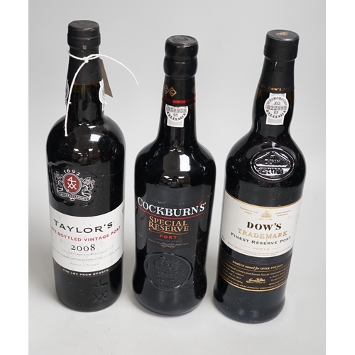 1370 - Three bottles of 750ml port, to include Taylors, Cockburns, Dows