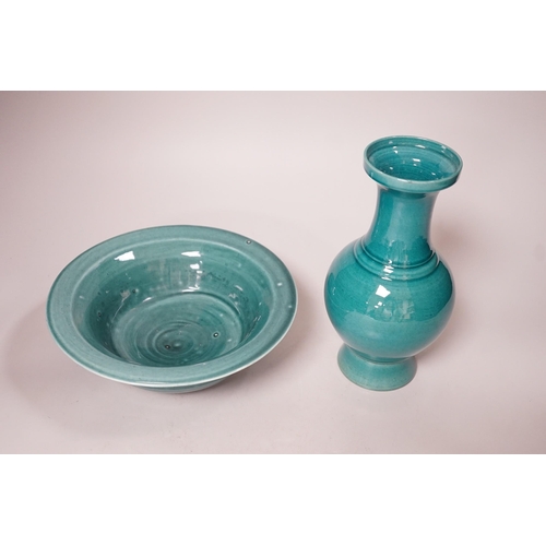 1378 - A Chinese turquoise-glazed vase and bowl. Tallest 20.5cm