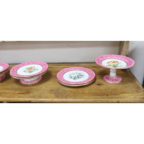 1517 - An English porcelain pink ground floral dessert service, late 19th century