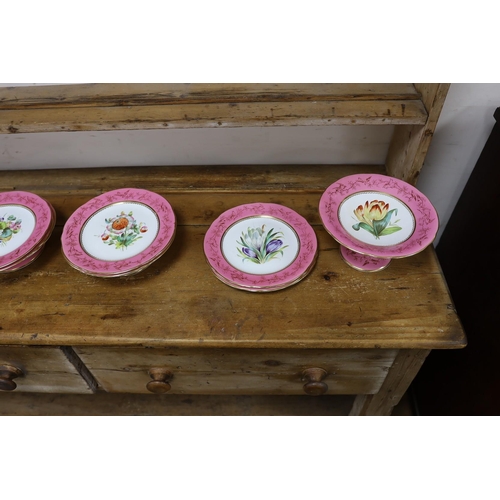 1517 - An English porcelain pink ground floral dessert service, late 19th century