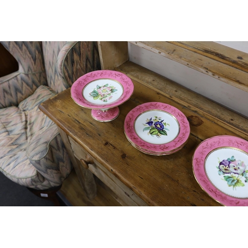 1517 - An English porcelain pink ground floral dessert service, late 19th century