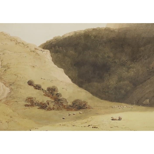 1651 - Richard Westall (1756-1836), watercolour, An open landscape with sheep and hills, initialled, 18 x 2... 