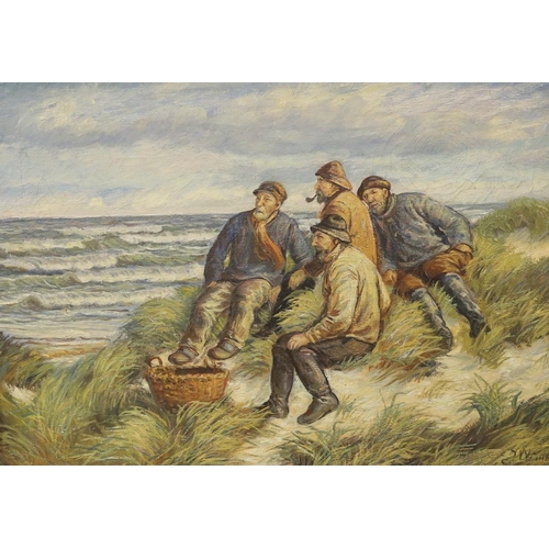 1652 - English School, 20th century, oil on canvas, Four fisherfolk sat along the shore, indistinctly signe... 