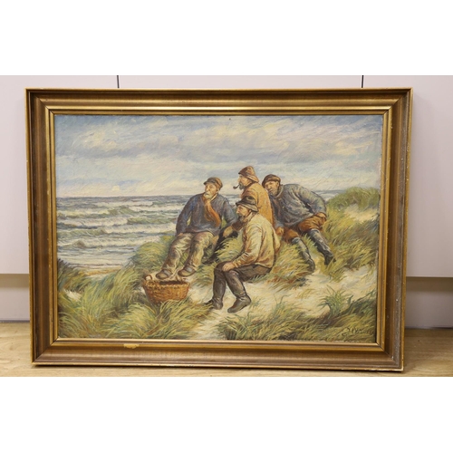 1652 - English School, 20th century, oil on canvas, Four fisherfolk sat along the shore, indistinctly signe... 