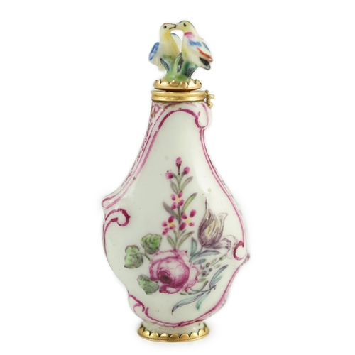 101 - A good Chelsea or St James (Charles Gouyn) gold mounted porcelain scent bottle, c.1755, of rococo ca... 