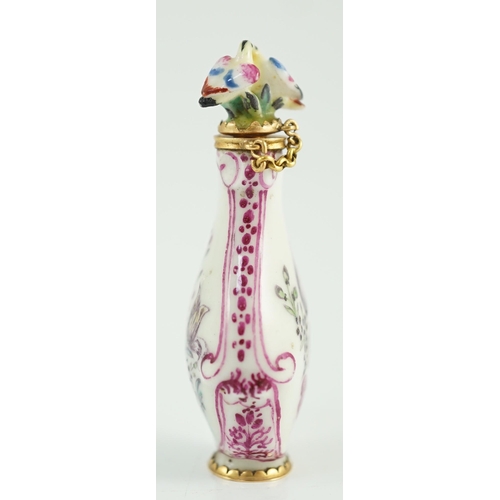 101 - A good Chelsea or St James (Charles Gouyn) gold mounted porcelain scent bottle, c.1755, of rococo ca... 