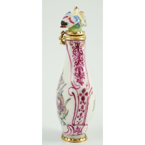 101 - A good Chelsea or St James (Charles Gouyn) gold mounted porcelain scent bottle, c.1755, of rococo ca... 