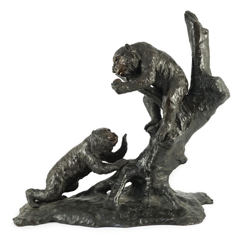 116 - A large Japanese bronze group of two monkeys on a tree, by Genryusai Seiya, Meiji period, one monkey... 