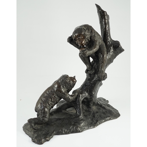 116 - A large Japanese bronze group of two monkeys on a tree, by Genryusai Seiya, Meiji period, one monkey... 