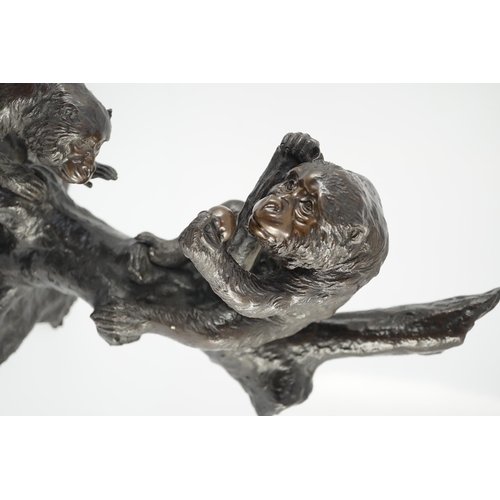 116 - A large Japanese bronze group of two monkeys on a tree, by Genryusai Seiya, Meiji period, one monkey... 