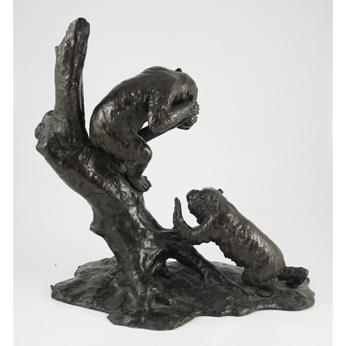 116 - A large Japanese bronze group of two monkeys on a tree, by Genryusai Seiya, Meiji period, one monkey... 