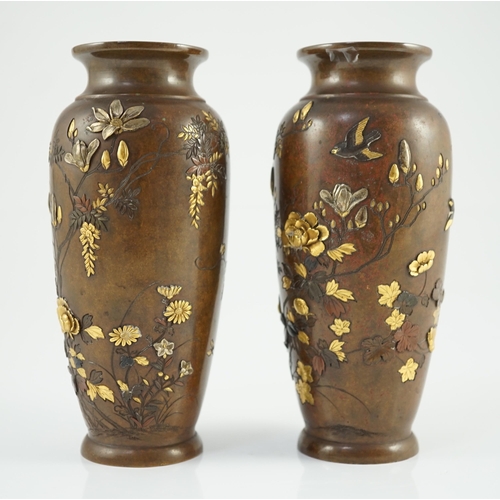 117 - A pair of Japanese mixed metal bronze vases, by Nogawa workshop, Meiji period, each with relief and ... 