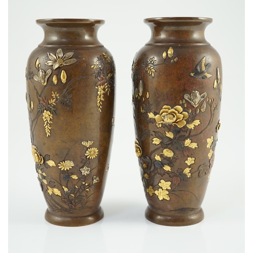 117 - A pair of Japanese mixed metal bronze vases, by Nogawa workshop, Meiji period, each with relief and ... 