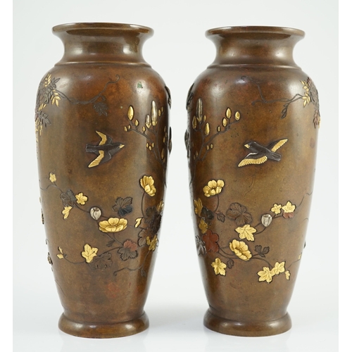 117 - A pair of Japanese mixed metal bronze vases, by Nogawa workshop, Meiji period, each with relief and ... 