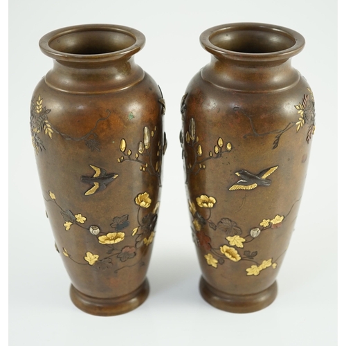 117 - A pair of Japanese mixed metal bronze vases, by Nogawa workshop, Meiji period, each with relief and ... 